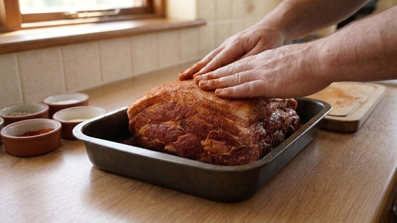 A Boston butt coated in dry rub sitting in a roasting pan, with hands pressing the seasoning into the meat
