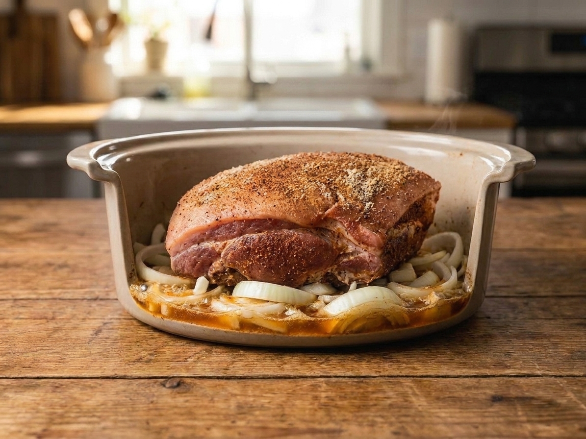 A Boston butt pork roast cooking in a slow cooker on top of sliced onions with visible cooking juices bubbling lightly around the edges