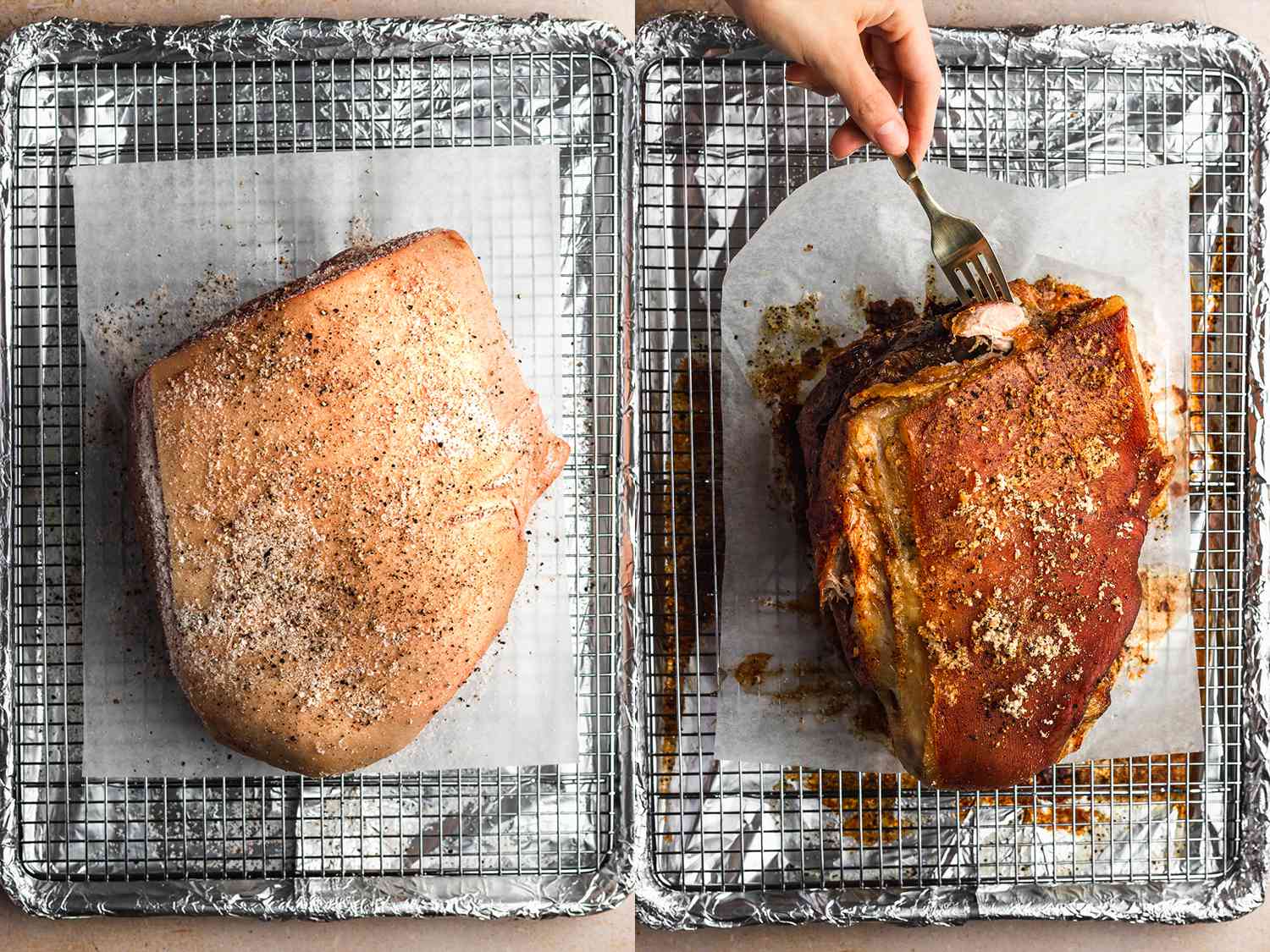 A Boston butt pork roast on a cutting board surrounded by small bowls of brown sugar, paprika, salt, pepper, garlic powder, onion powder, and apple cider vinegar on a tidy kitchen counter