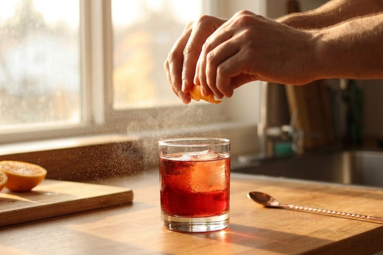 A Boulevardier cocktail in a rocks glass as an orange peel is twisted over the top to release citrus oils