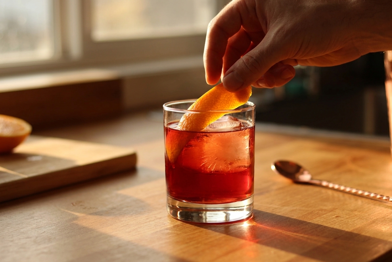 A Boulevardier cocktail in a rocks glass over a single large ice cube, garnished with an orange peel on a warm-toned kitchen counter with soft evening light