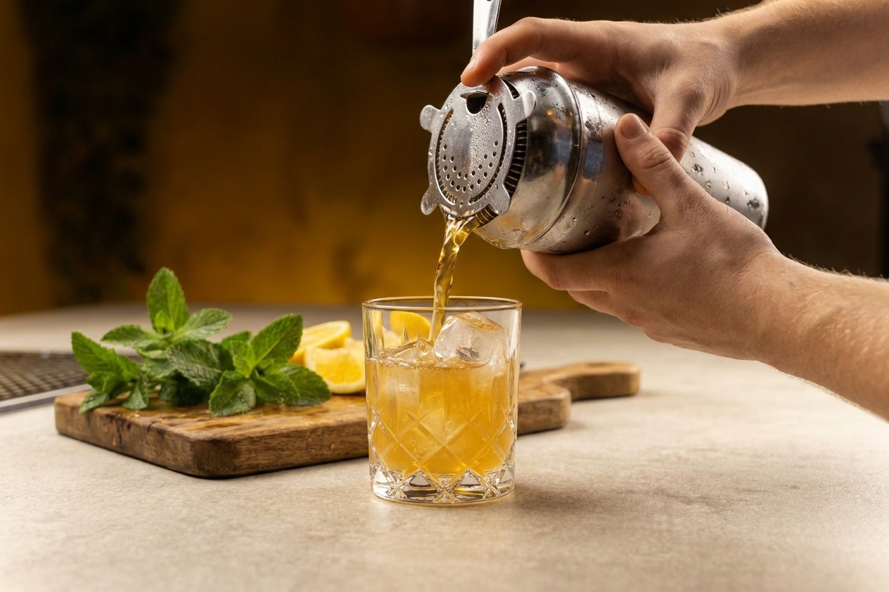 A Bourbon Smash being strained into a rocks glass filled with ice