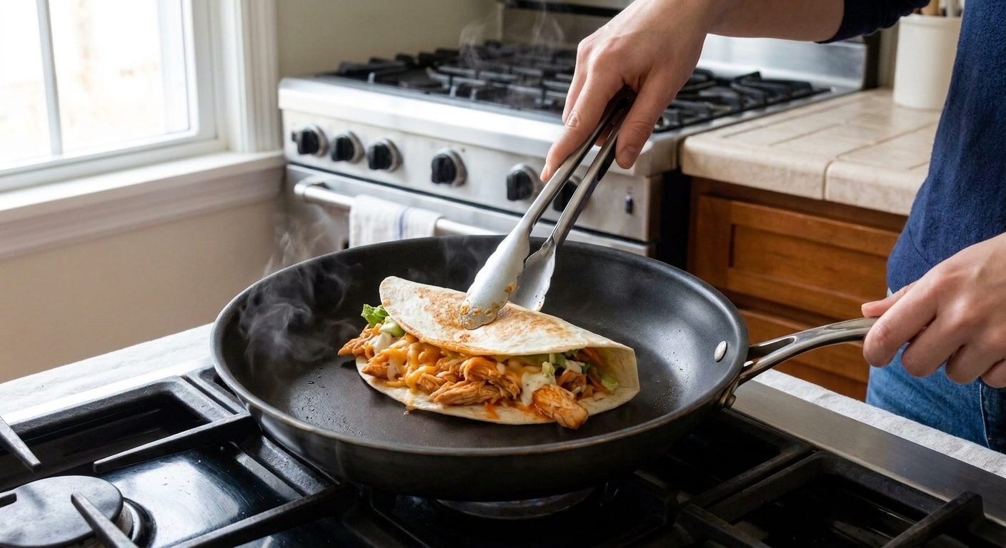 A Buffalo chicken wrap toasting seam-side down in a nonstick skillet until lightly golden