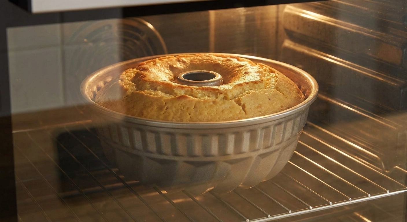 A Bundt cake pan on the oven rack with the cake baking and rising in a warm, home kitchen