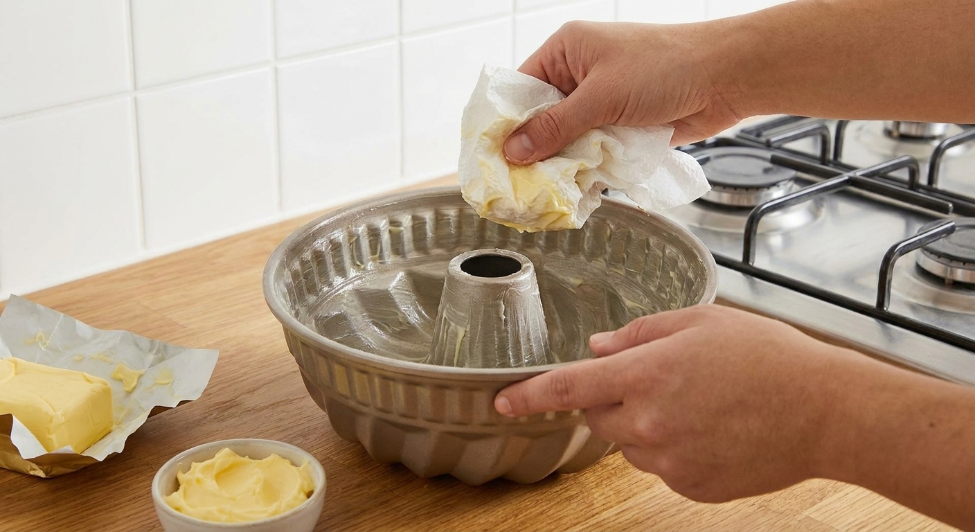 A Bundt pan being greased thoroughly, ensuring all grooves are coated on a kitchen counter