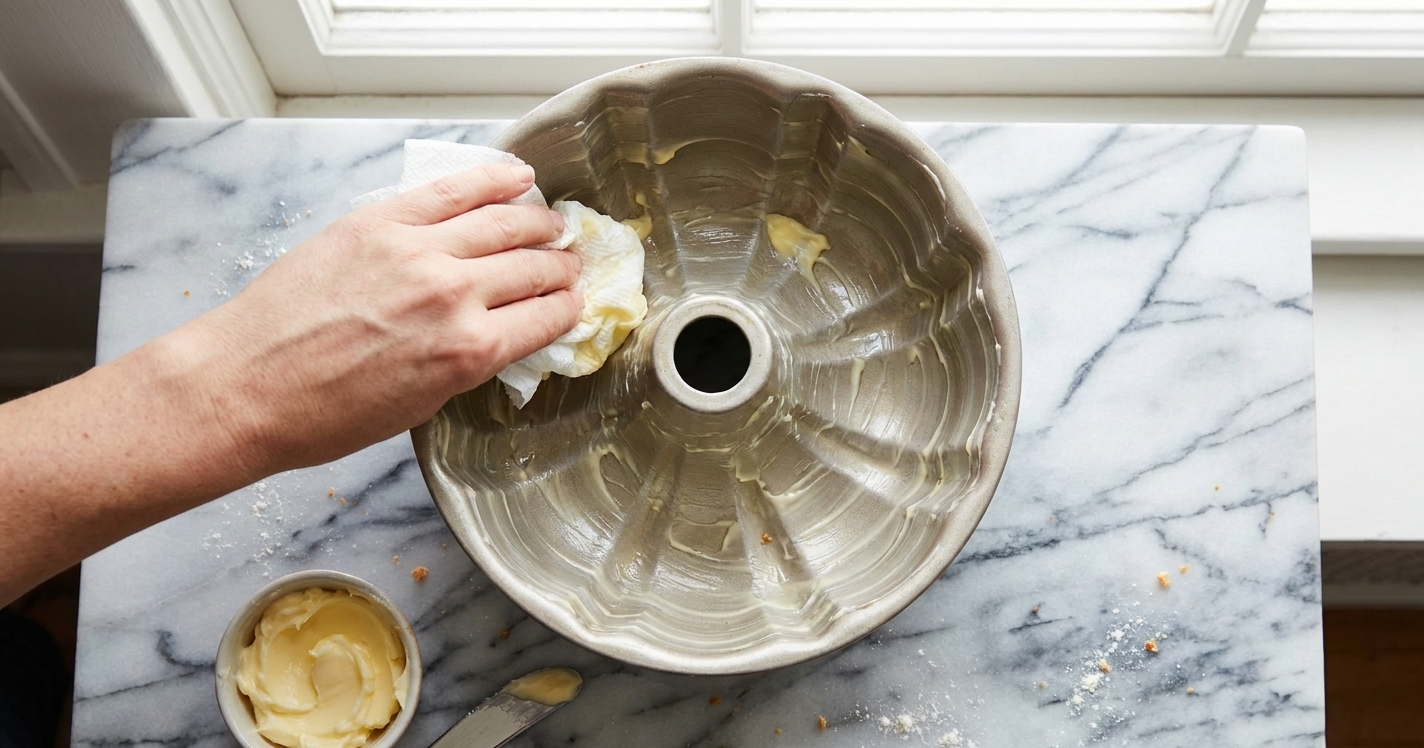 A Bundt pan being greased thoroughly with butter using a paper towel on a kitchen counter