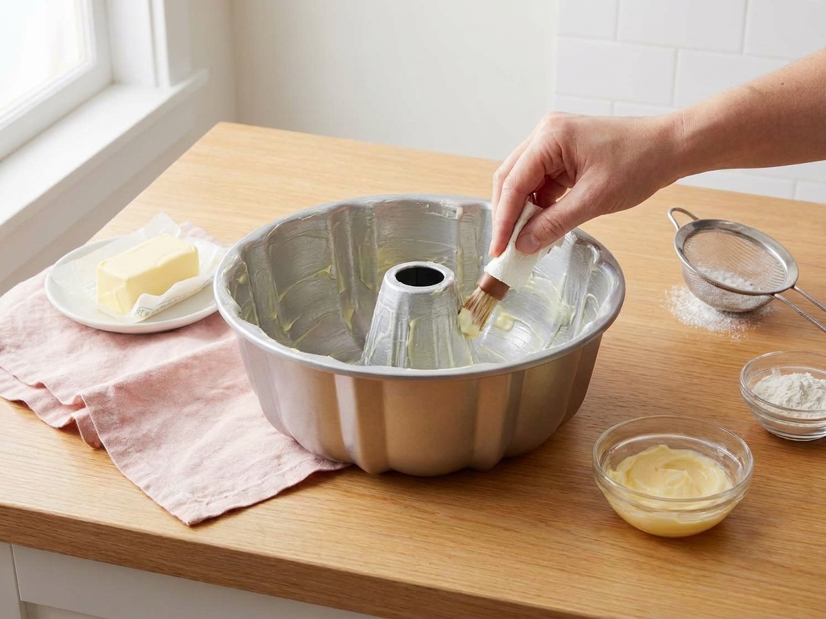 A Bundt pan being greased thoroughly with softened butter, making sure every ridge is coated, on a bright kitchen counter