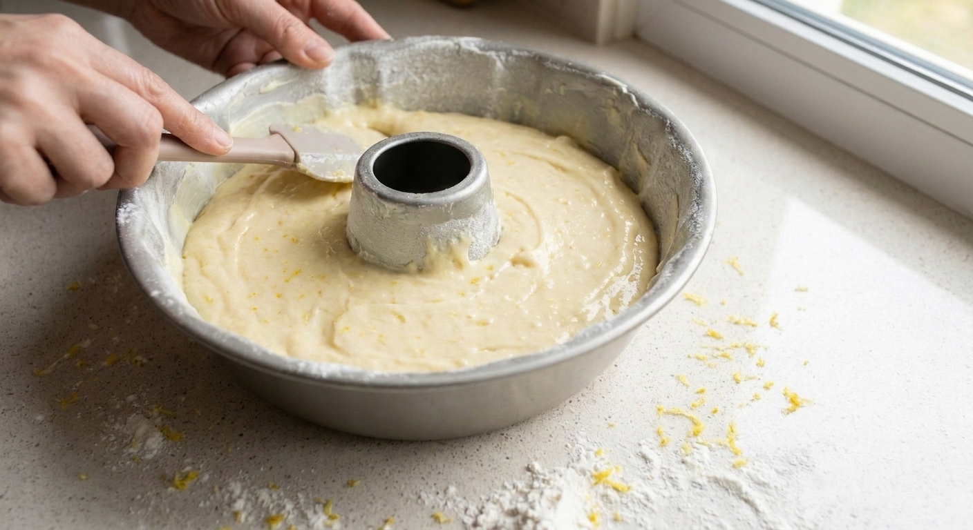 A Bundt pan filled with pale lemon cake batter being smoothed with a spatula on a light countertop