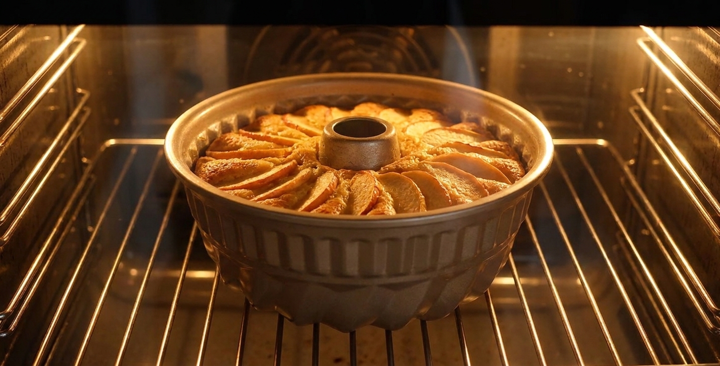 A Bundt pan of cake baking on the center oven rack with the oven light on