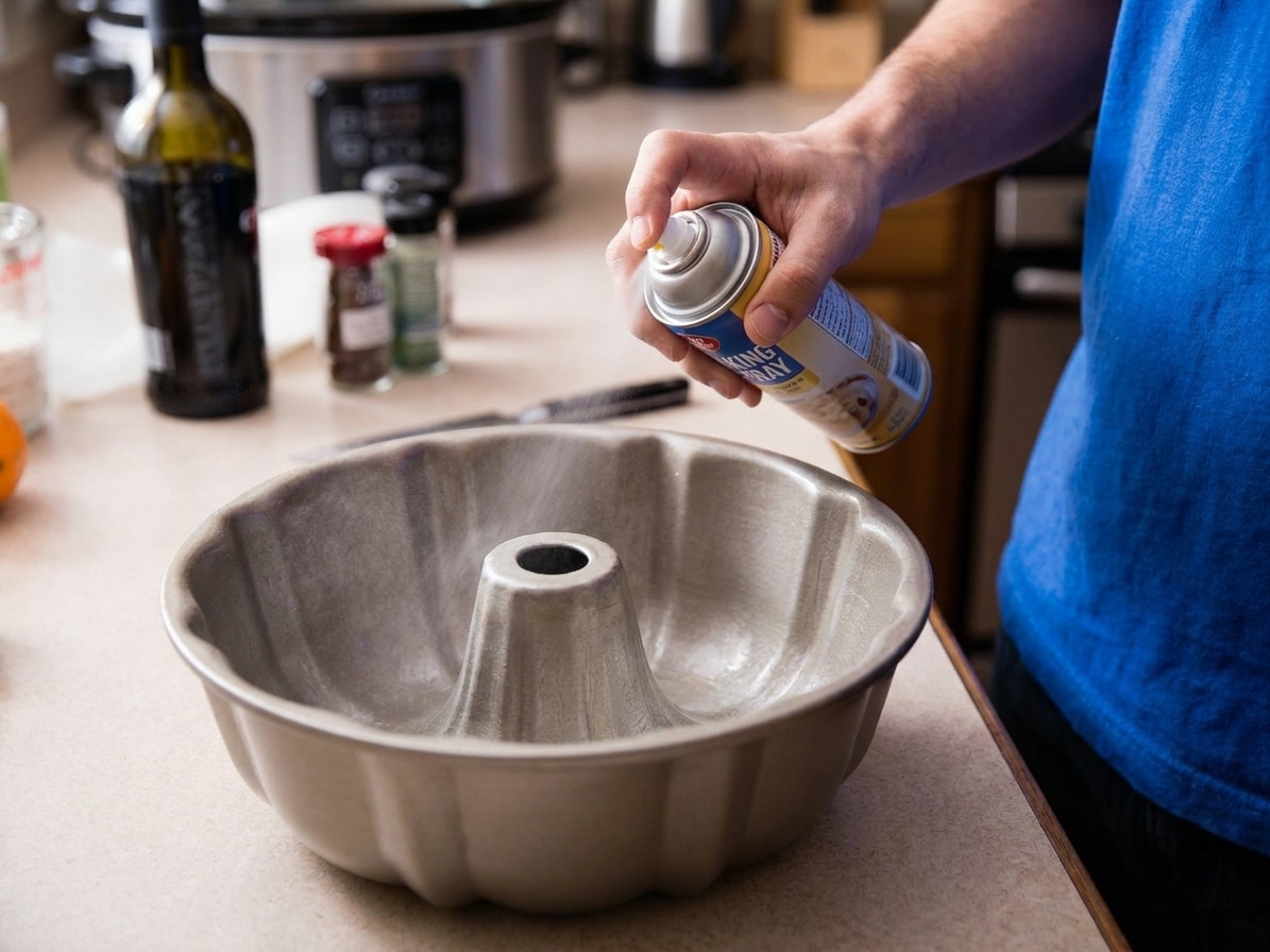 A Bundt pan on a kitchen counter being coated evenly with baking spray