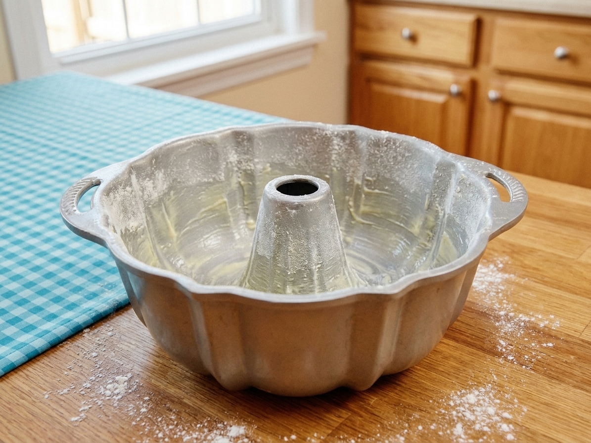 A Bundt pan on a kitchen counter, thoroughly greased and lightly dusted with flour, ready for cake batter
