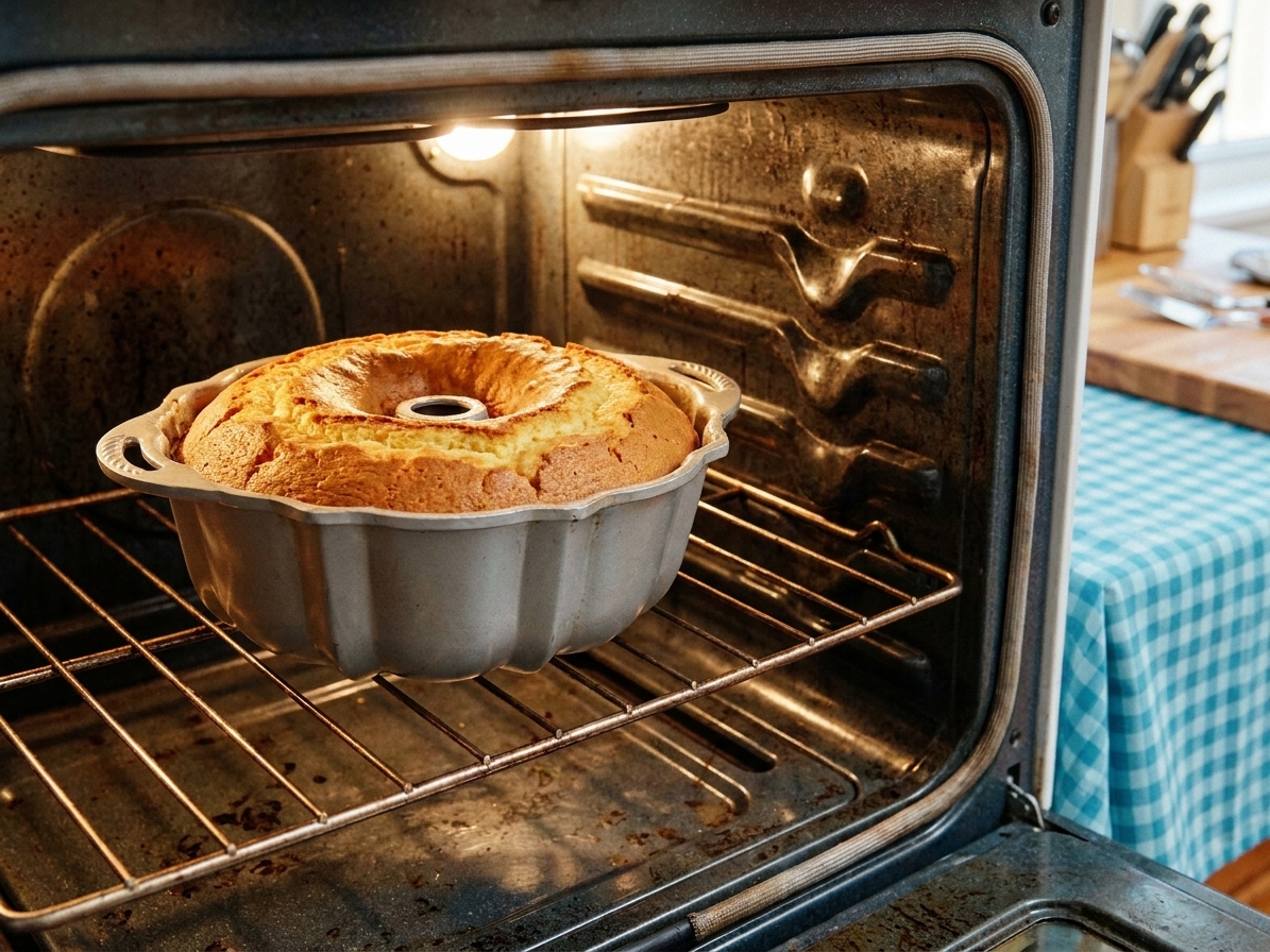 A Bundt pan on the center rack of a home oven with a golden pound cake baking