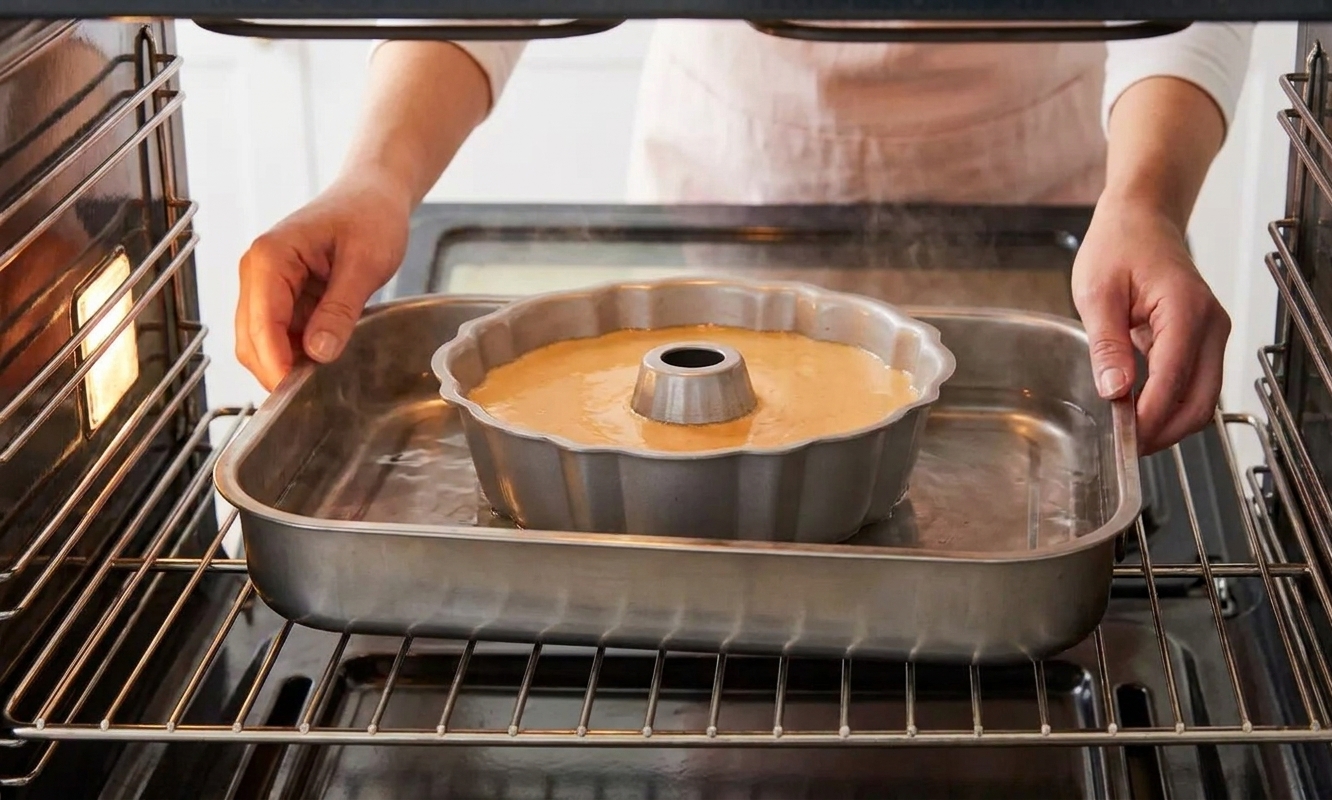 A Bundt pan sitting inside a roasting pan filled with hot water on an oven rack, ready to bake