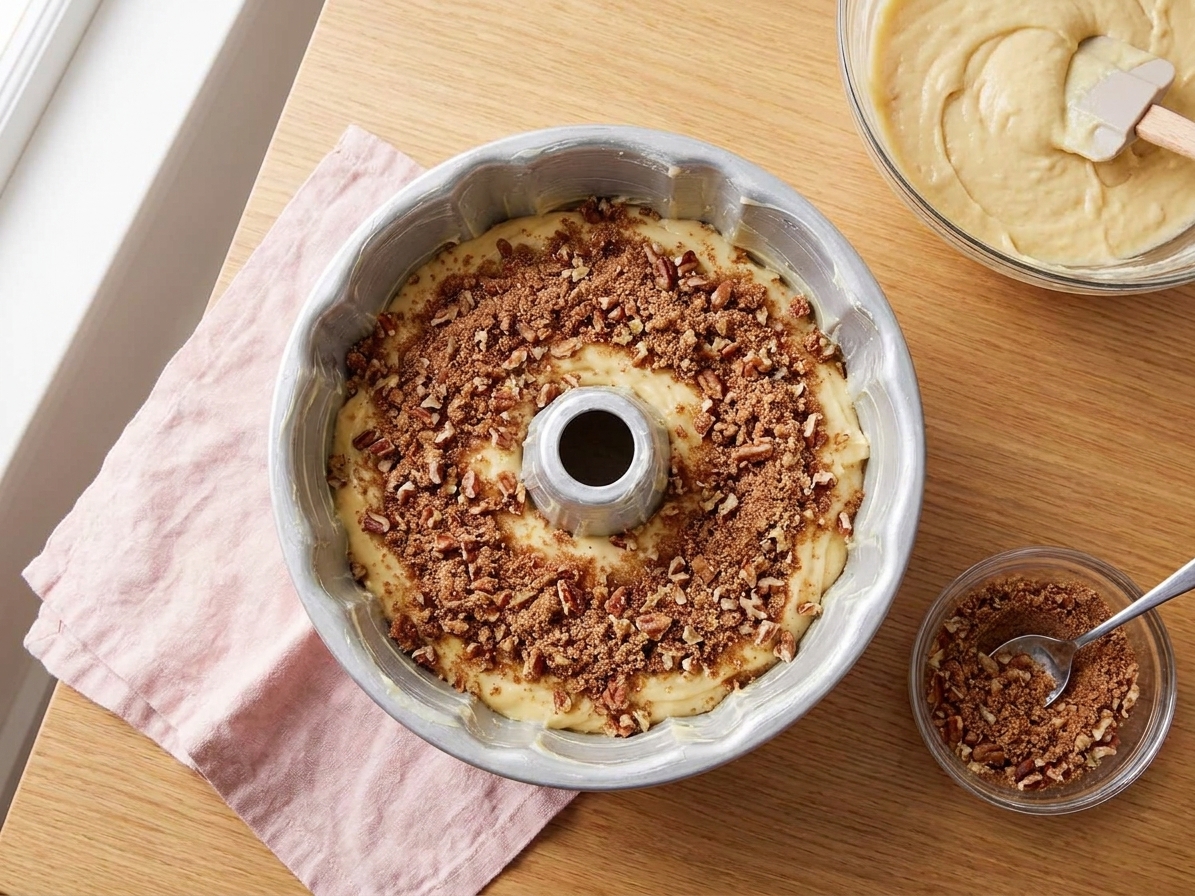 A Bundt pan with a layer of cake batter topped evenly with a cinnamon brown sugar pecan swirl mixture before adding the final layer of batter