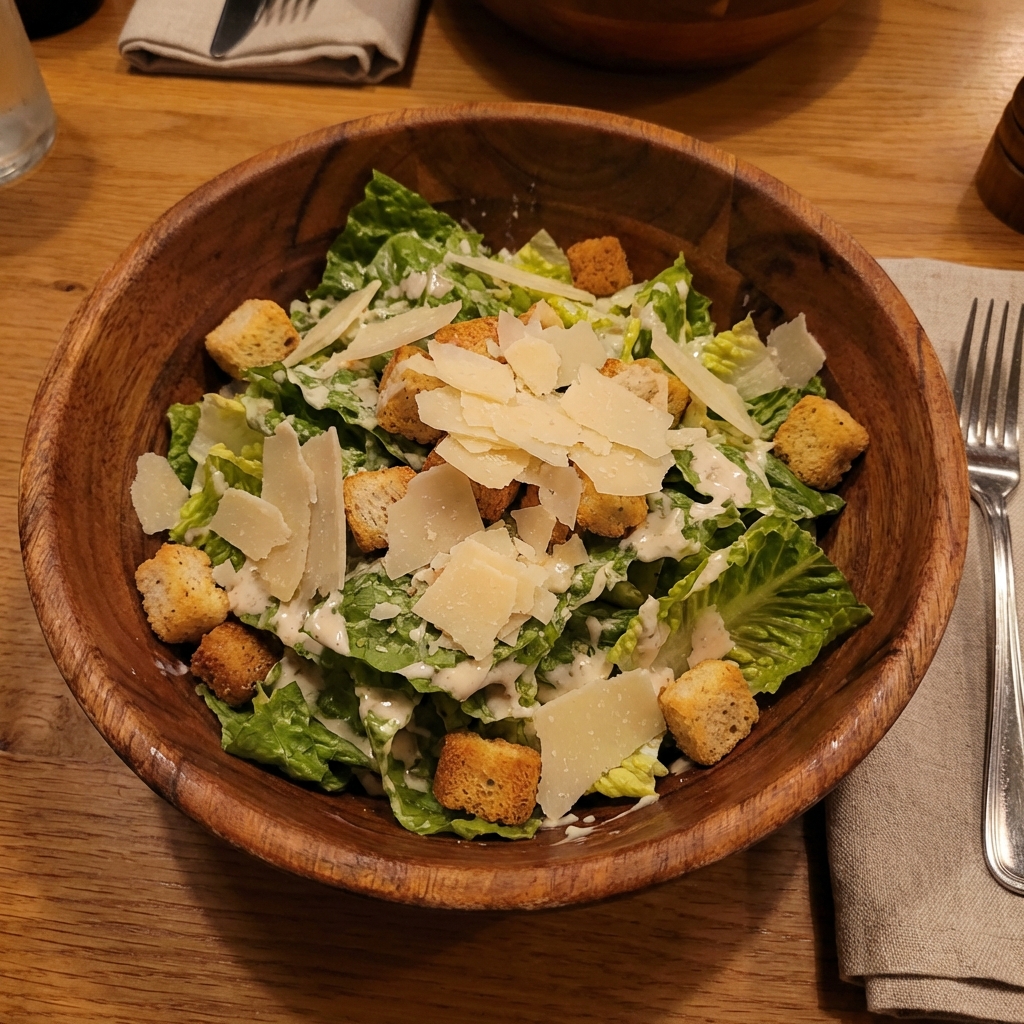 A Caesar salad in a large bowl with parmesan shavings