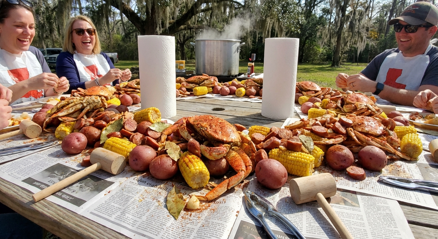 A Cajun crab boil spread across a table with crab legs, corn, potatoes, and sausage