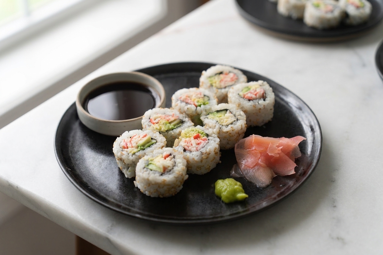 A California roll sliced into bite-size pieces on a plate with soy sauce in a small dish and pickled ginger nearby on a dining table