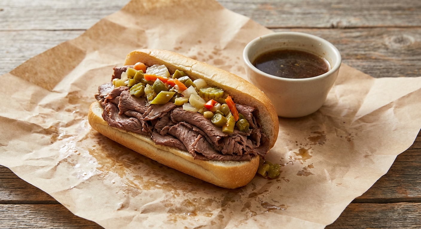 A Chicago Italian beef sandwich on a sheet of deli paper topped with a generous spoonful of giardiniera, with au jus in a small cup beside it, photorealistic food photography