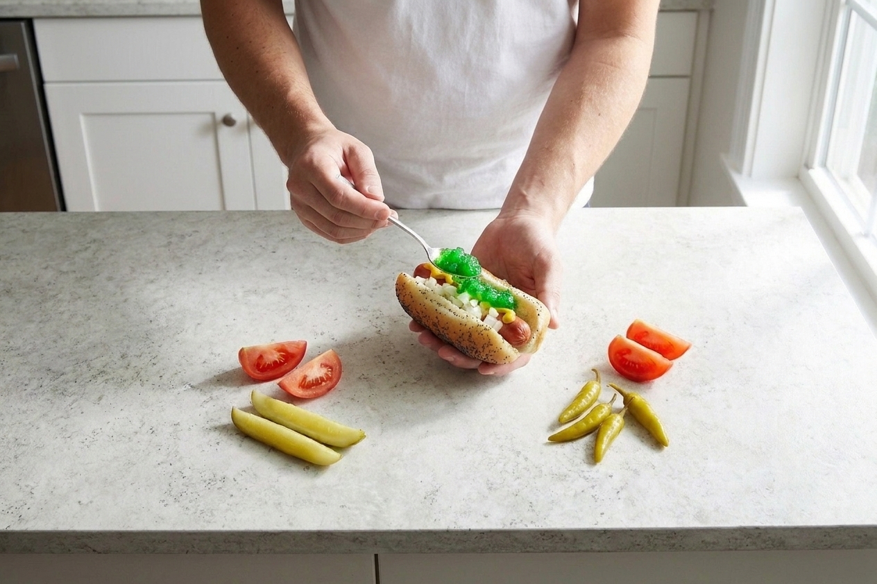 A Chicago-style hot dog being assembled on a kitchen counter with relish, onions, tomato wedges, a pickle spear, and sport peppers in a poppy seed bun