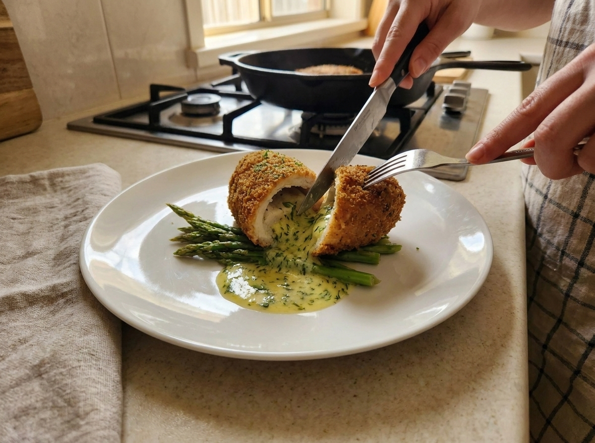 A Chicken Kiev cutlet being sliced open on a plate with melted herb butter flowing out