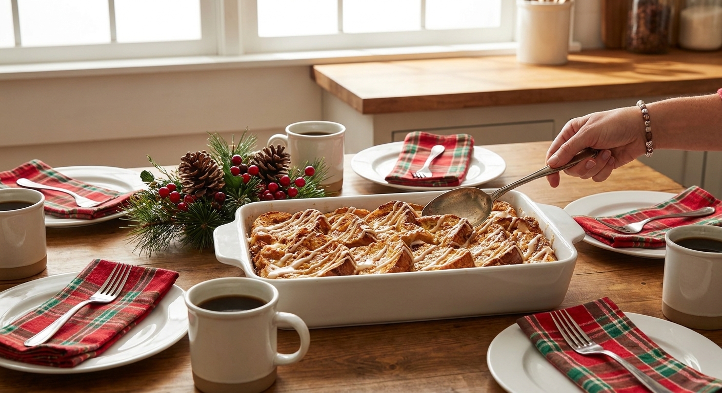 A Christmas breakfast table with plates, mugs, folded napkins, and a serving spoon set beside a baking dish, ready for serving