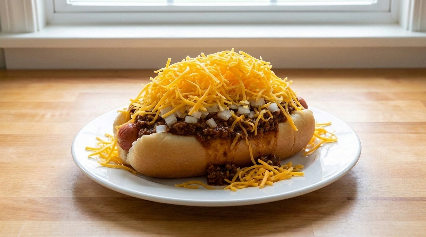 A Cincinnati-style chili coney in a soft bun topped with chili, shredded cheddar, and chopped onions on a plate