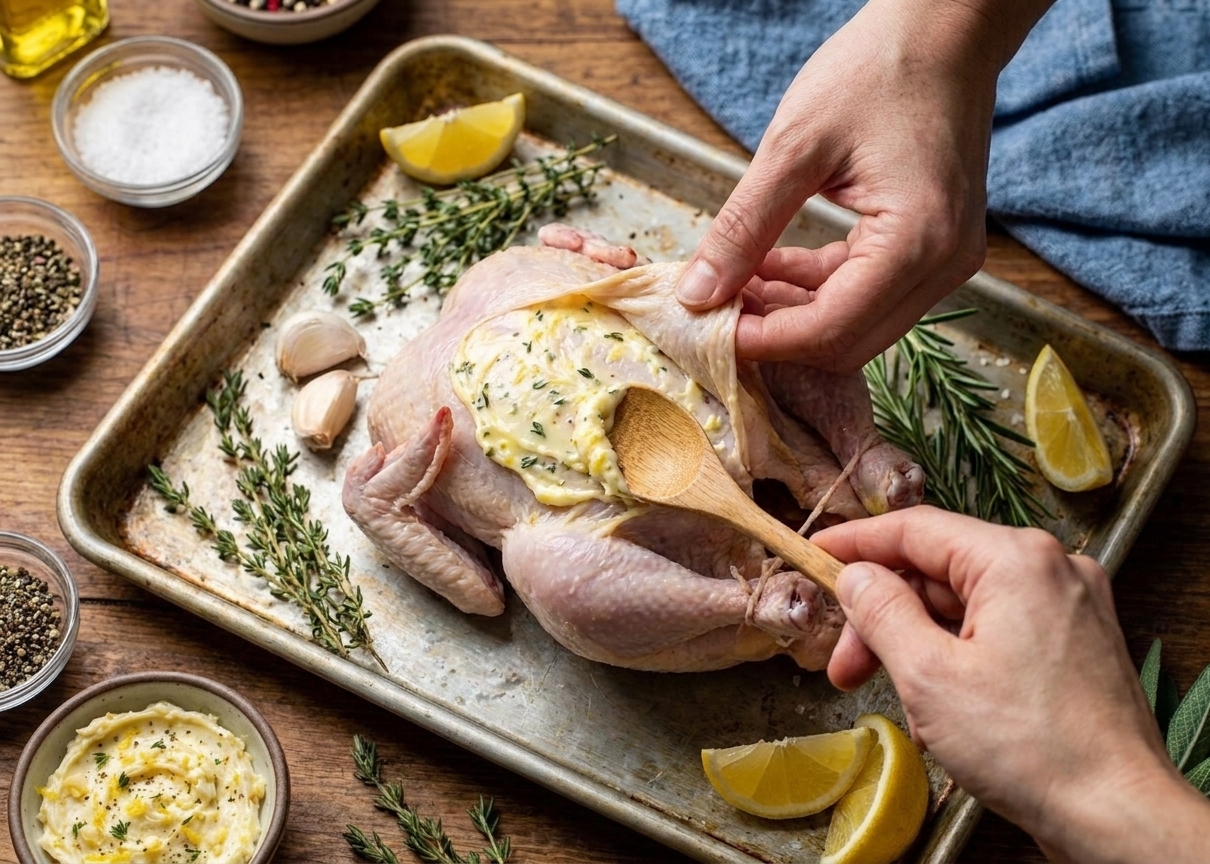 A Cornish game hen on a sheet pan with the breast skin loosened and herb butter being spread underneath