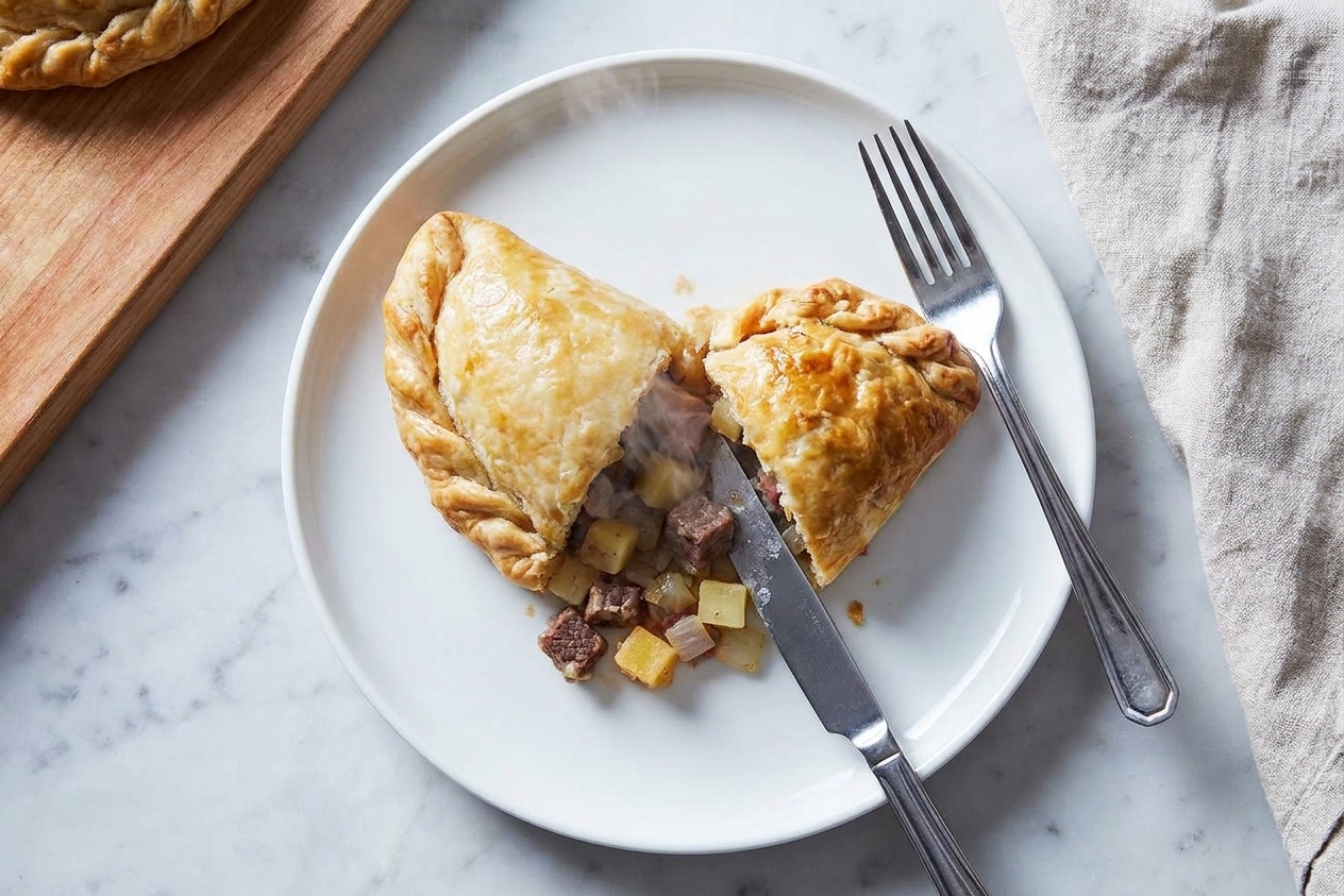 A Cornish pasty cut open on a plate showing tender beef and diced vegetables inside, with steam rising