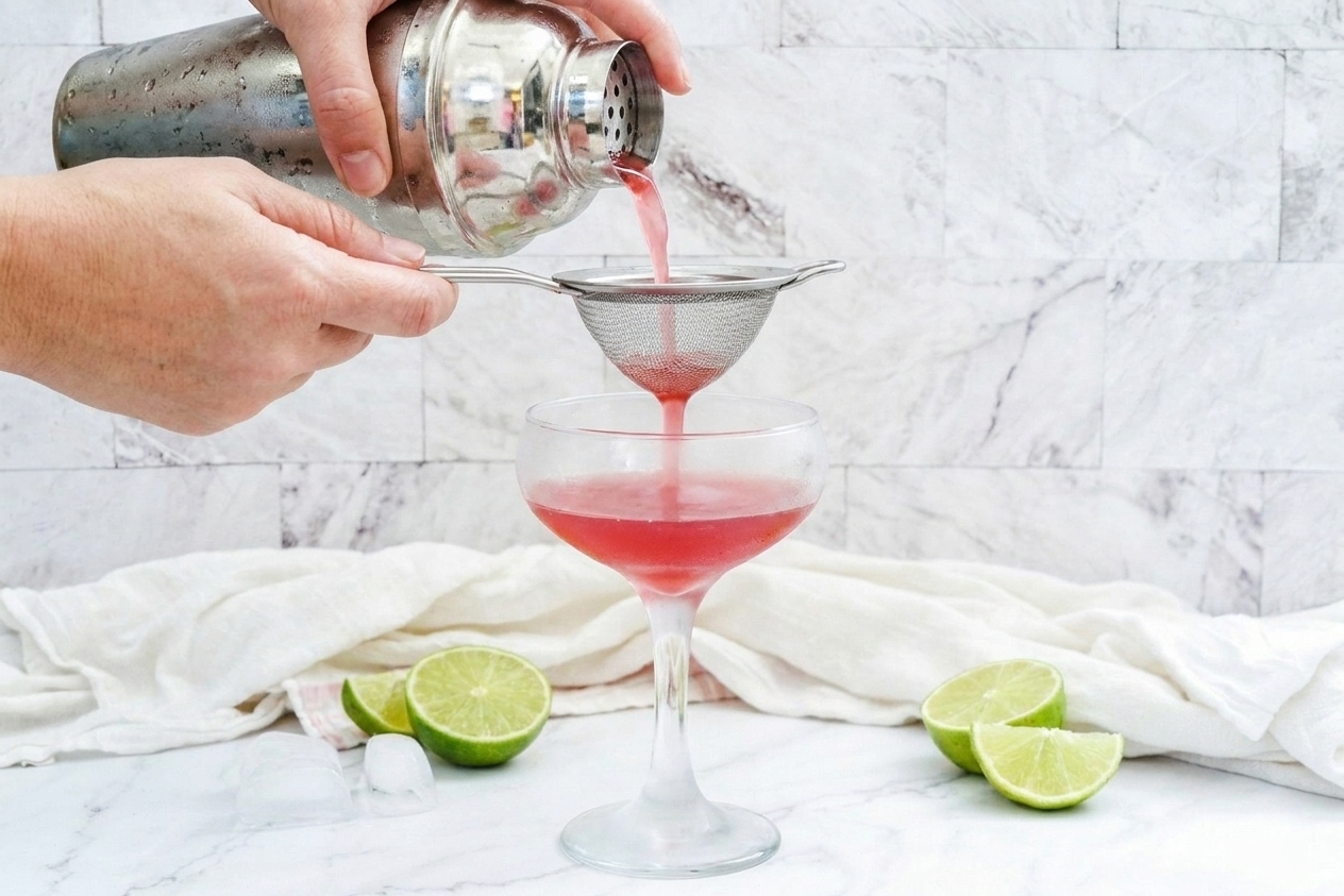 A Cosmopolitan being strained from a cocktail shaker into a chilled coupe glass on a tidy kitchen counter