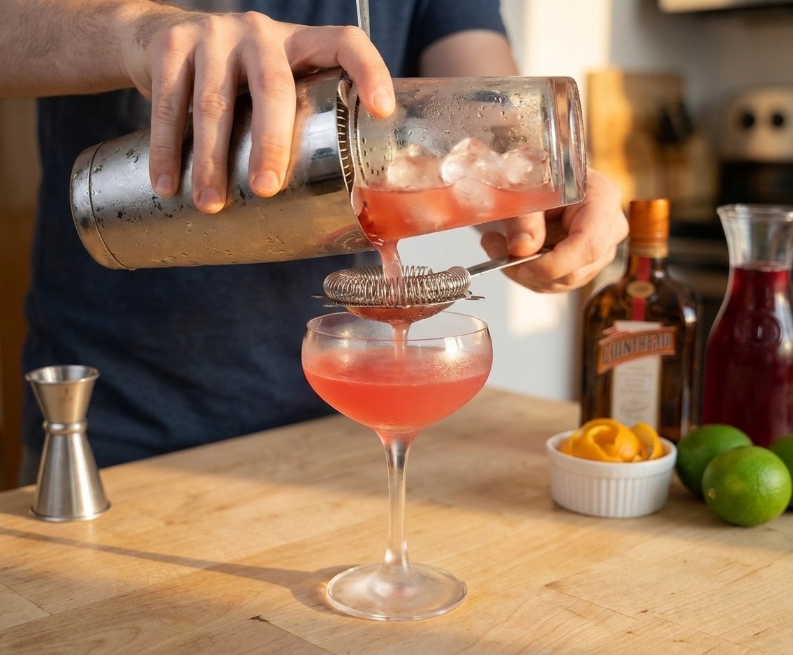 A Cosmopolitan cocktail being strained from a shaker into a chilled coupe glass, with ice visible in the shaker