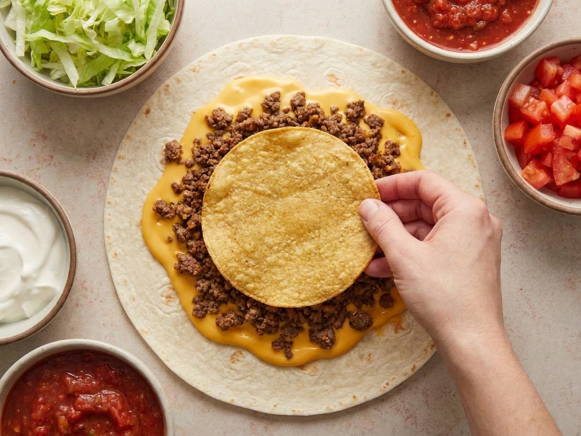 A Crunchwrap being assembled on a tortilla with nacho cheese and seasoned beef on the bottom and a tostada placed in the center