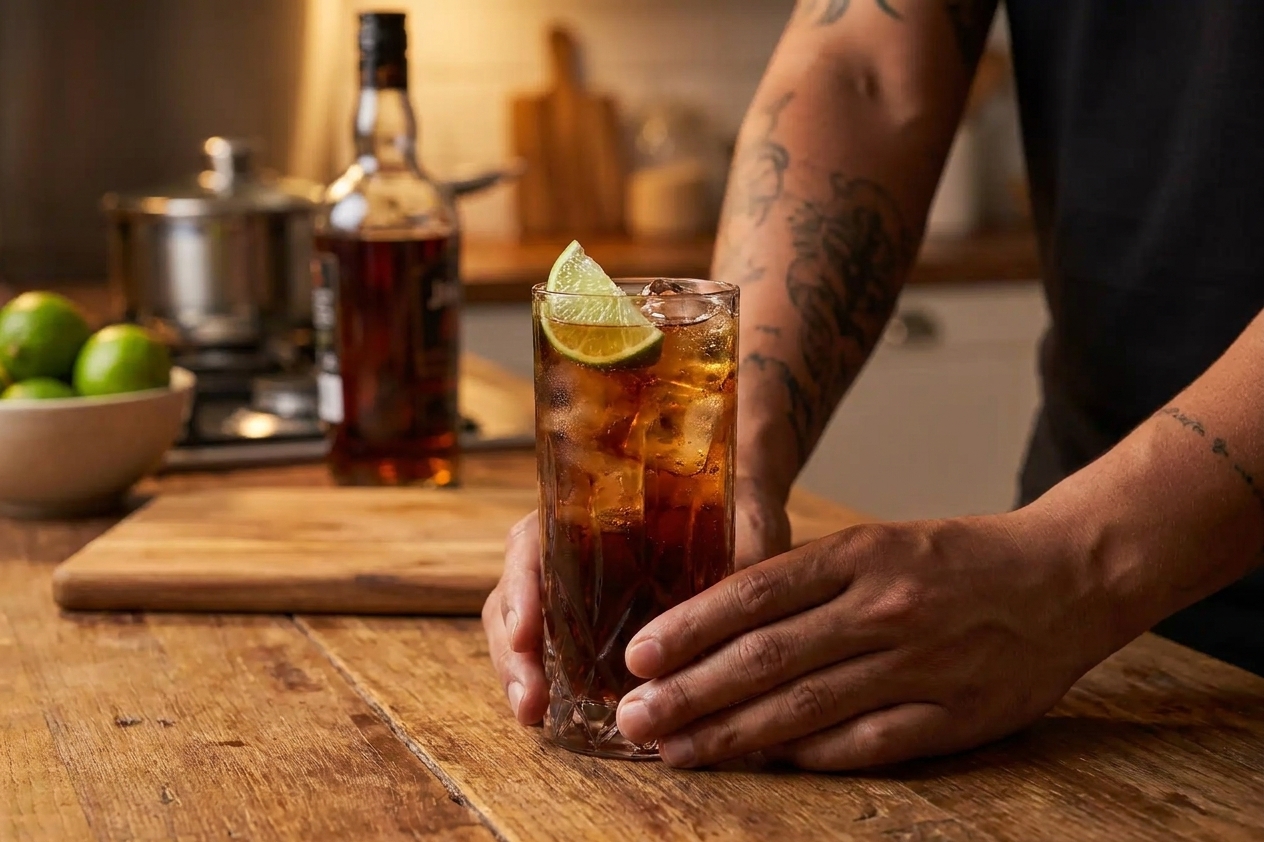 A Cuba libre in a clear highball glass filled with ice, dark rum and cola, and a fresh lime wedge on the rim on a cozy kitchen counter