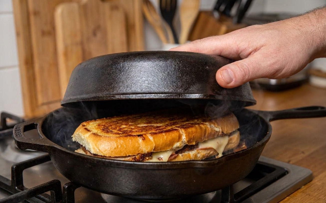 A Cubano sandwich being pressed in a cast iron skillet with a second heavy pan on top, bread turning golden brown