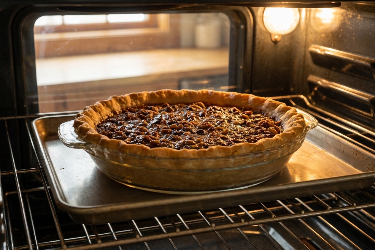 A Derby-style pie in a glass pie dish baking on a rimmed baking sheet in an oven, with crust edges turning golden