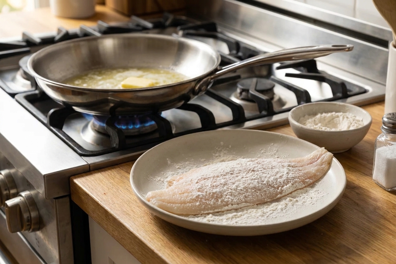 A Dover sole fillet lightly dredged in flour on a shallow plate beside a skillet on the stove