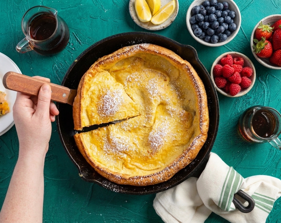A Dutch baby pancake being served at a breakfast table with lemon wedges, berries, and a small pitcher of maple syrup
