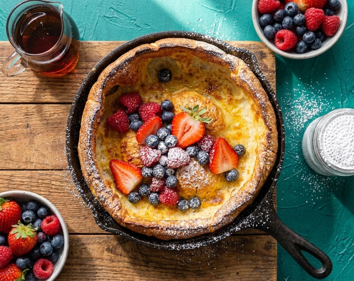 A Dutch baby pancake on a wooden table topped with fresh berries and a dusting of powdered sugar in morning light