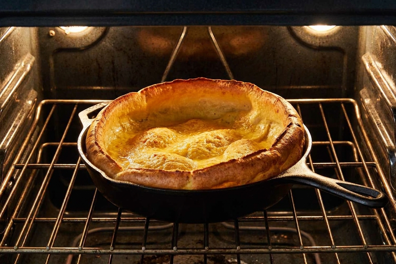 A Dutch baby pancake puffing up in a cast iron skillet inside an oven, edges rising and browning