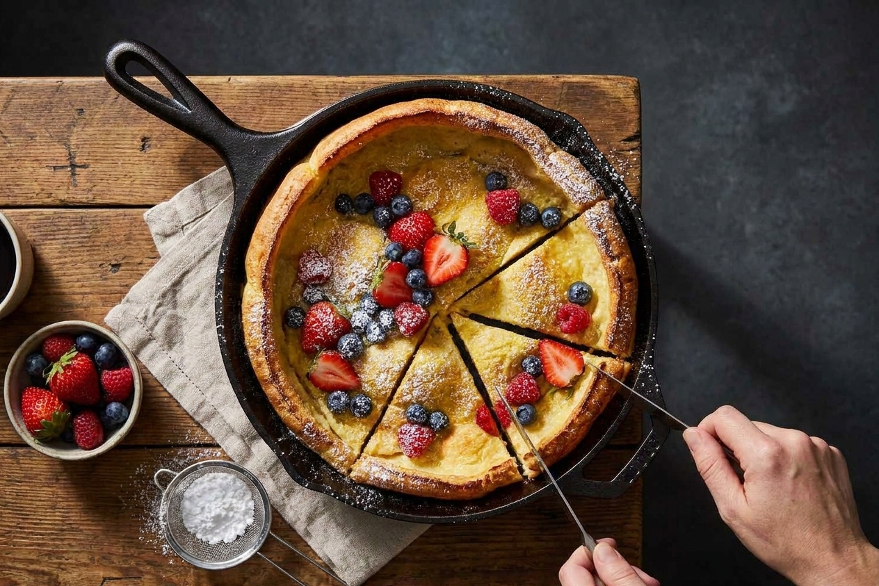 A Dutch baby pancake sliced into wedges in a cast iron skillet, topped with berries and powdered sugar on a set breakfast table