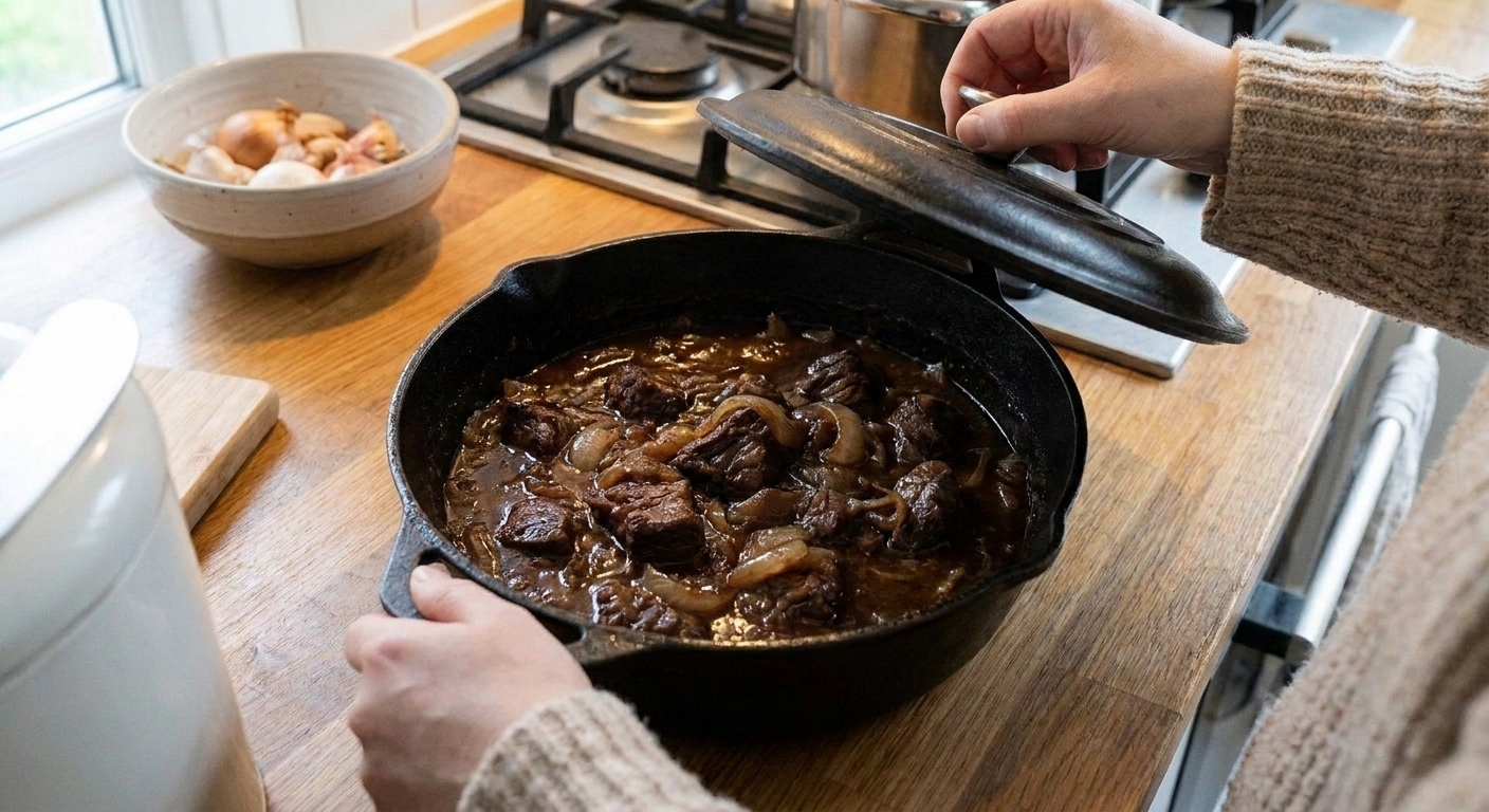 A Dutch oven filled with Belgian beef carbonnade, showing dark browned beef pieces and soft onions in a glossy beer gravy, set on a warm kitchen counter with soft natural light