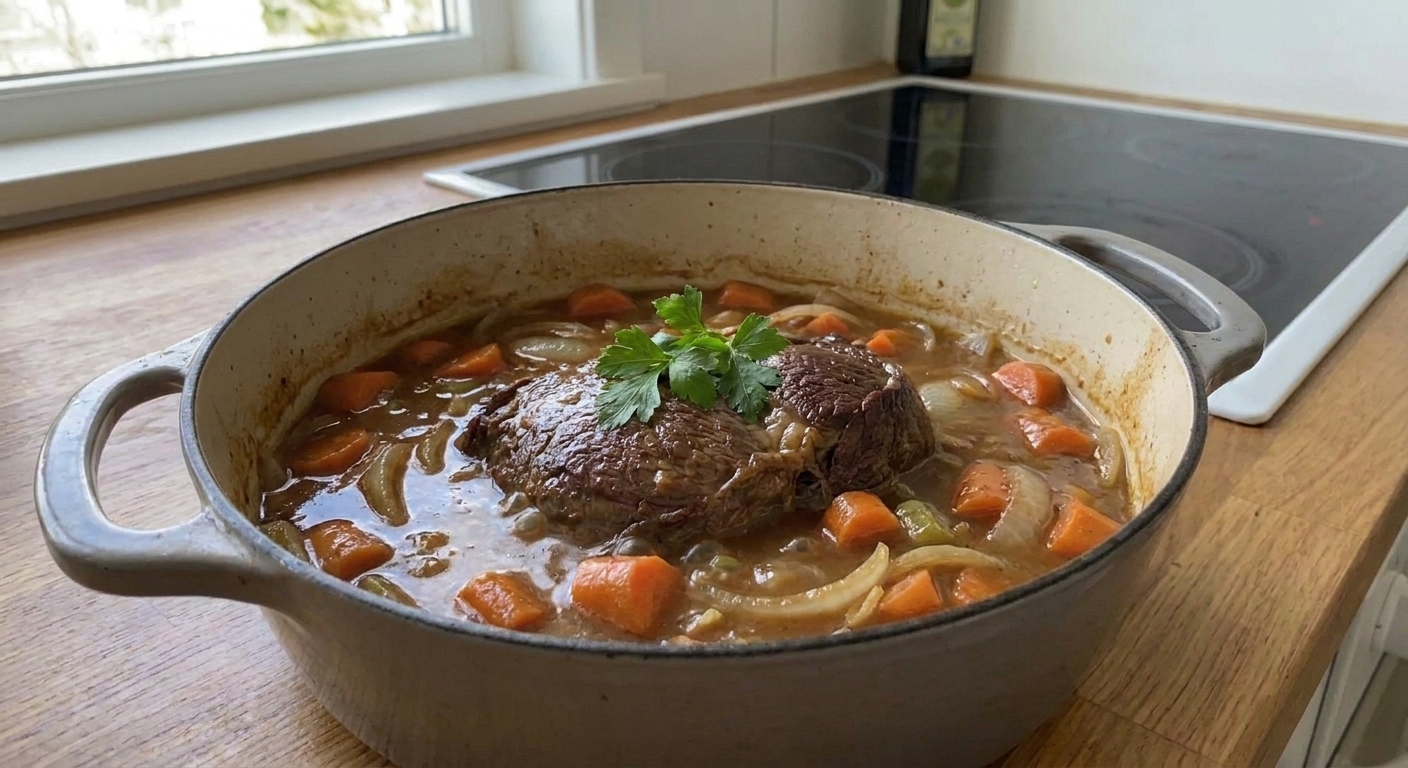 A Dutch oven filled with a braised beef shoulder roast surrounded by onions and carrots in glossy brown gravy on a kitchen stove