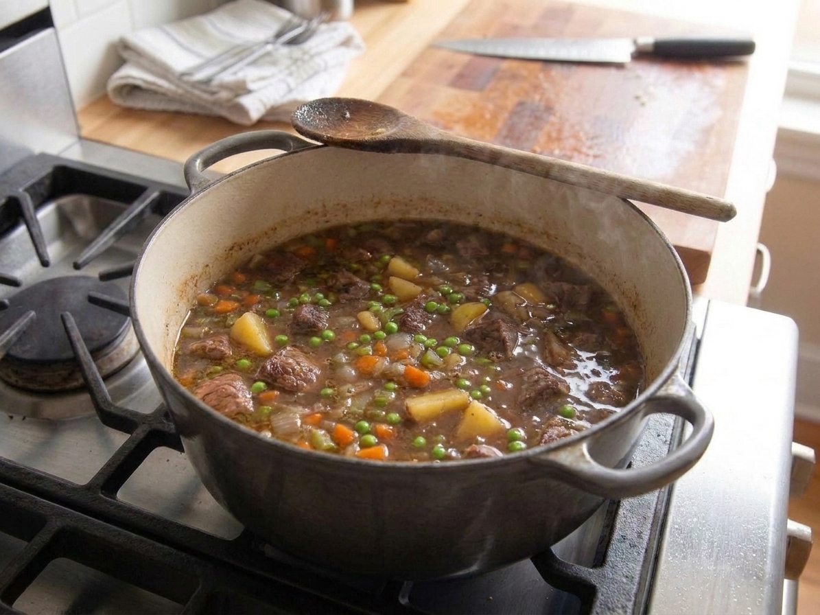 A Dutch oven filled with beef and vegetable soup, showing tender beef chunks, carrots, potatoes, celery, and peas in a rich broth on a stovetop