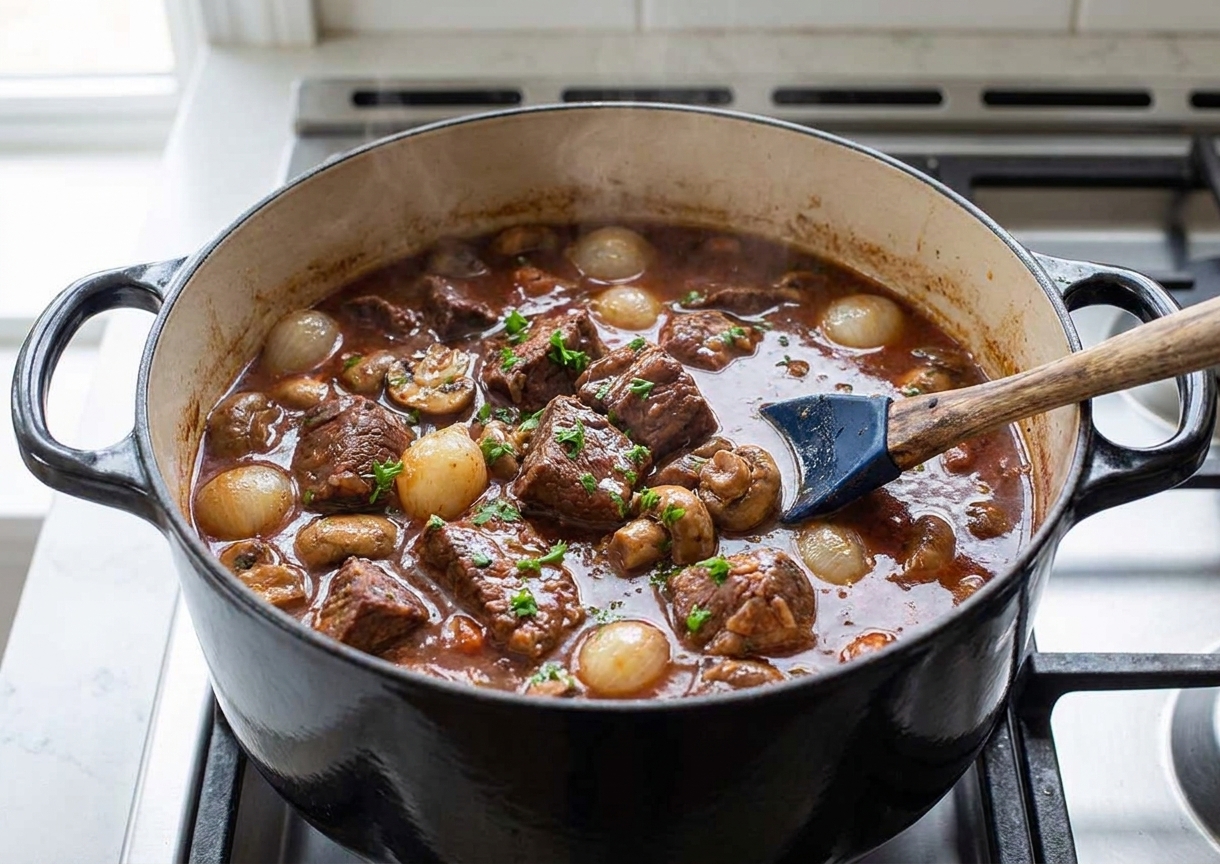 A Dutch oven filled with boeuf bourguignon, showing tender beef chunks, mushrooms, and pearl onions in a glossy red wine sauce on a stovetop