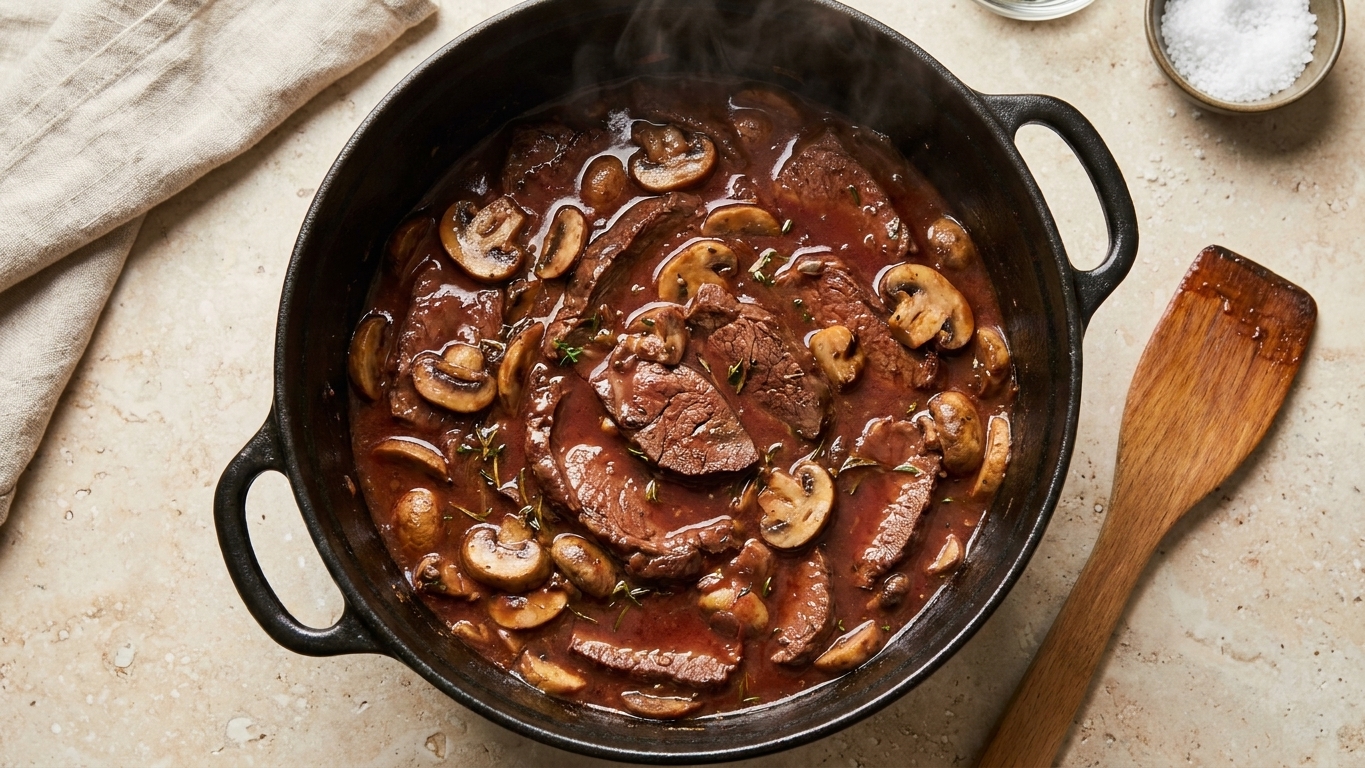 A Dutch oven filled with braised beef heart slices in a glossy red wine mushroom sauce, resting on a light stone countertop with a wooden spoon nearby