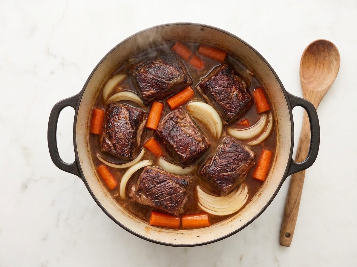 A Dutch oven filled with braised boneless short ribs in a rich brown gravy with carrots and onions, sitting on a light stone countertop in a warm home kitchen