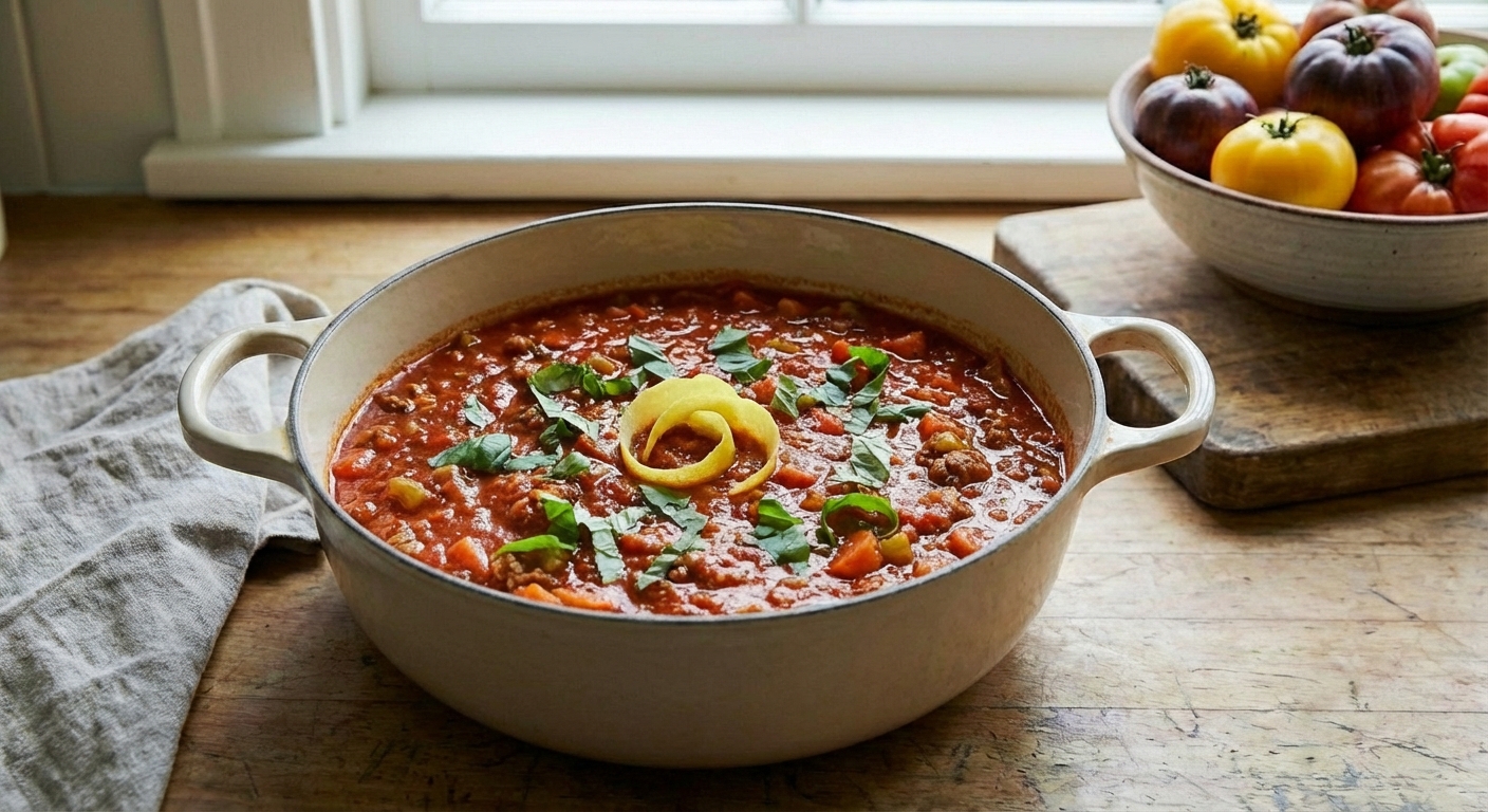 A Dutch oven filled with bright red bolognese sauce topped with fresh basil and a curl of lemon zest on a wooden countertop
