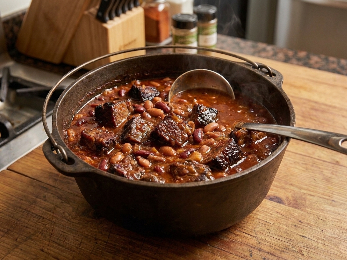 A Dutch oven filled with brisket chili, showing tender chunks of beef, beans, and a rich red broth with a ladle resting on the rim, on a warm kitchen counter