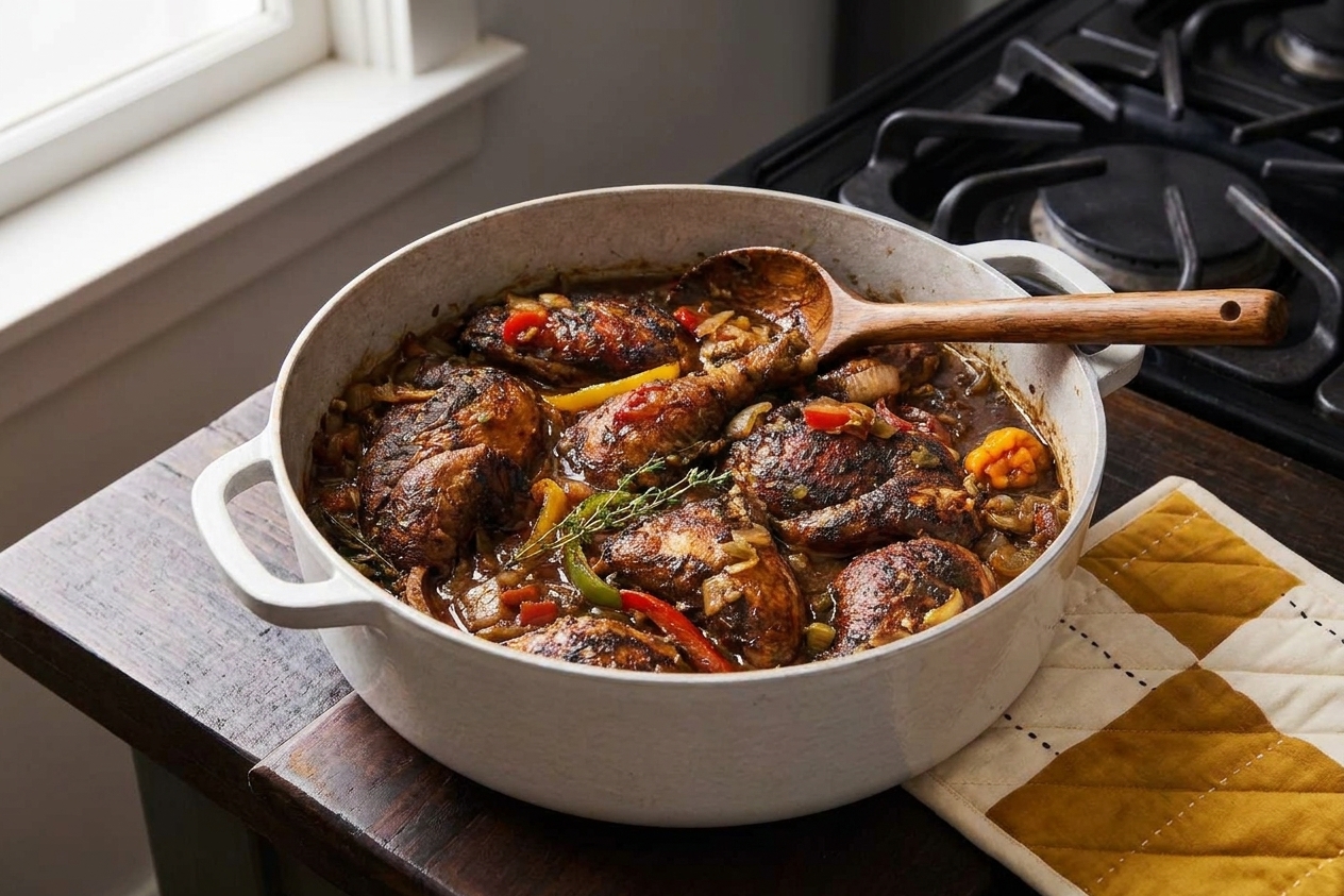 A Dutch oven filled with brown stew chicken, showing tender chicken pieces in a glossy dark brown gravy with sliced bell peppers and onions, set on a neutral kitchen counter with warm natural light