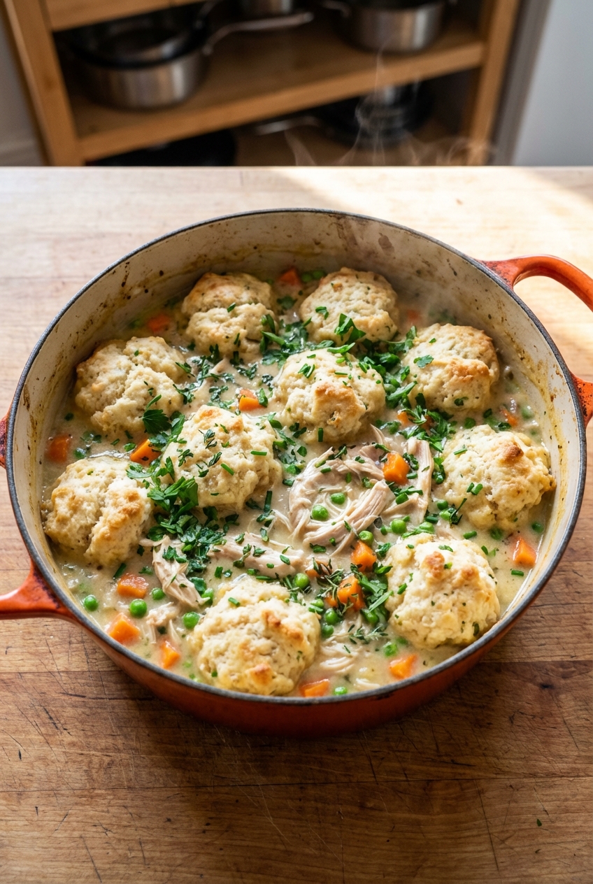 A Dutch oven filled with creamy chicken and dumplings, with fluffy dumplings on top, visible carrots and peas, and fresh herbs scattered over the surface on a wooden countertop
