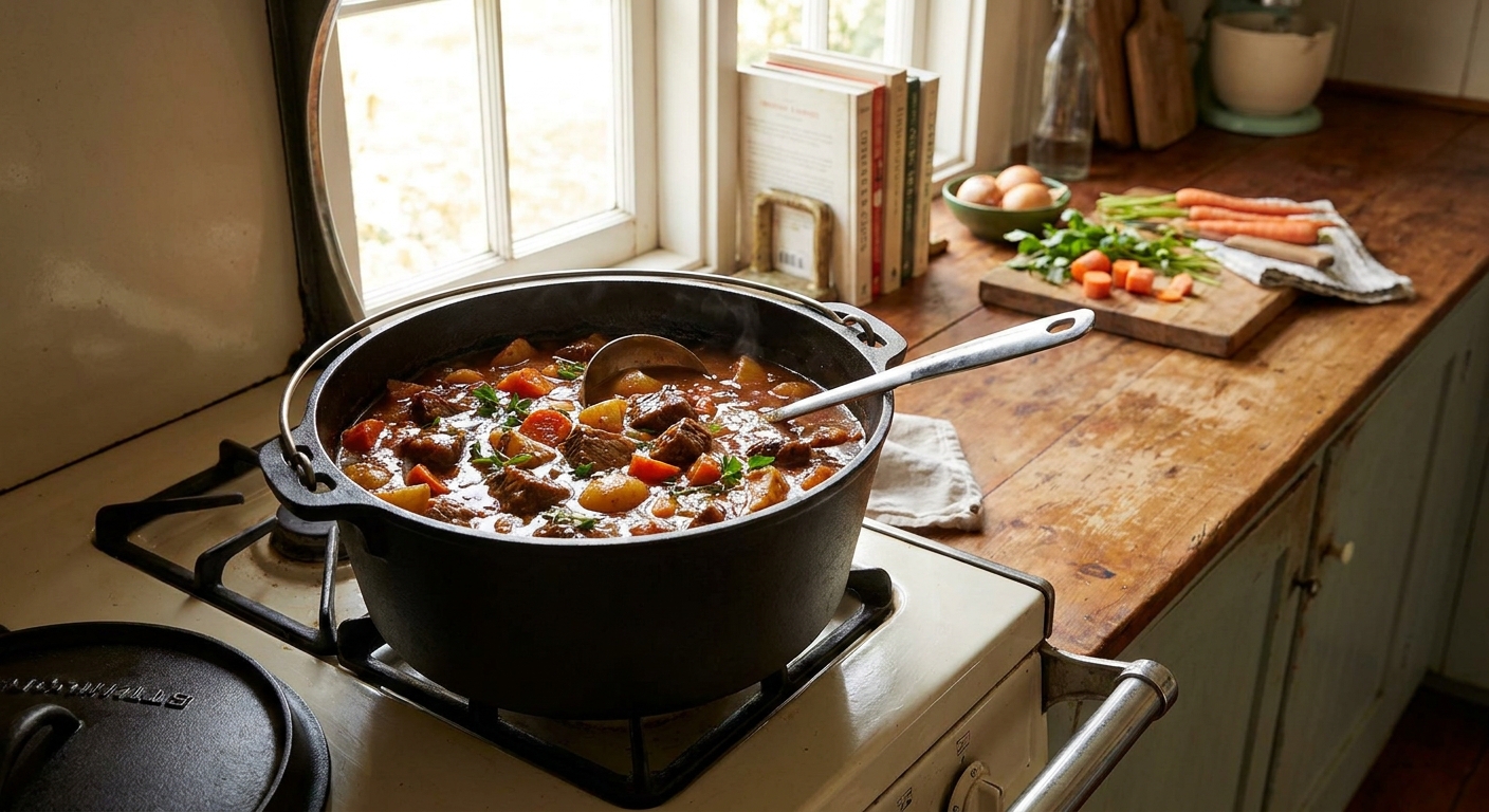 A Dutch oven filled with glossy, thick beef stew with tender beef chunks, carrots, potatoes, and herbs, sitting on a stovetop in a warm home kitchen, natural light